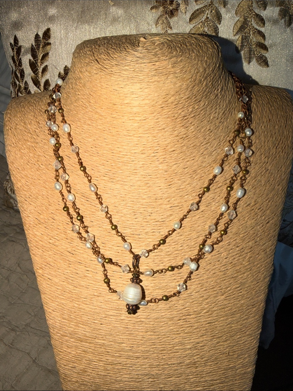 Multi-Strand Pearl and Crystal Necklace in White and copper